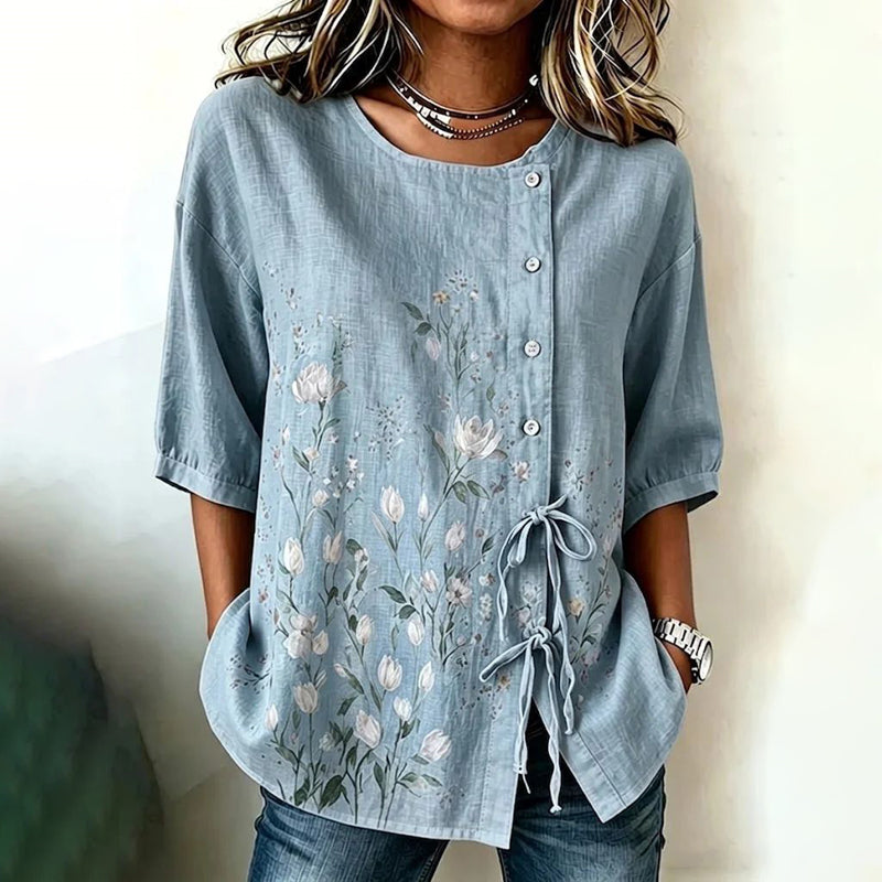 Blusa Vintage Floral Azul — Cuello Redondo y Botones